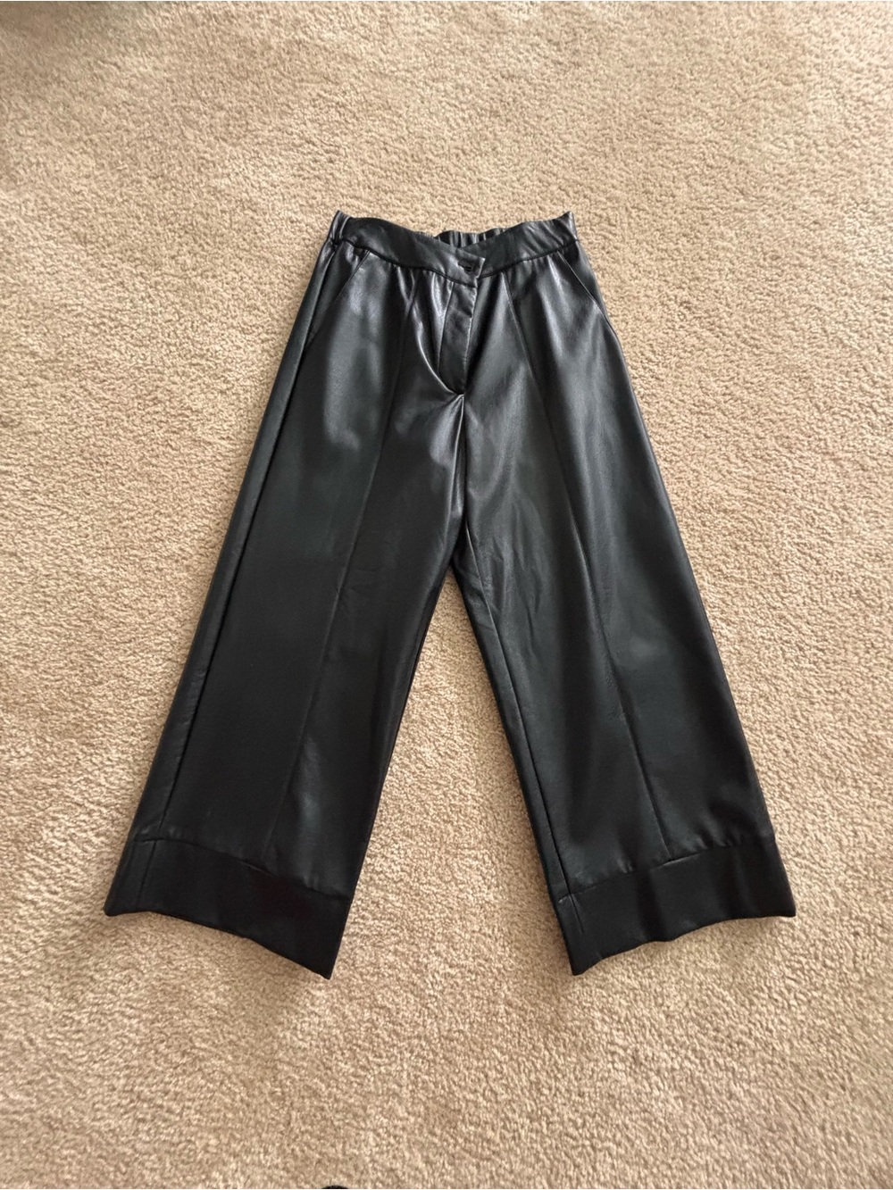 Black Faux Leather Wide Leg Cropped Pants